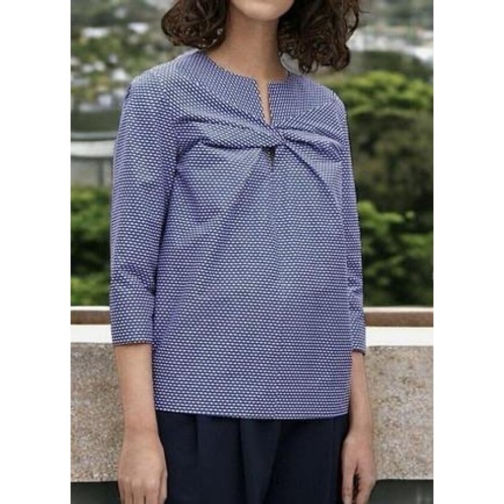 COS Blue White Geometric Twist Front Keyhole 3/4 Sleeve Blouse Top US 4